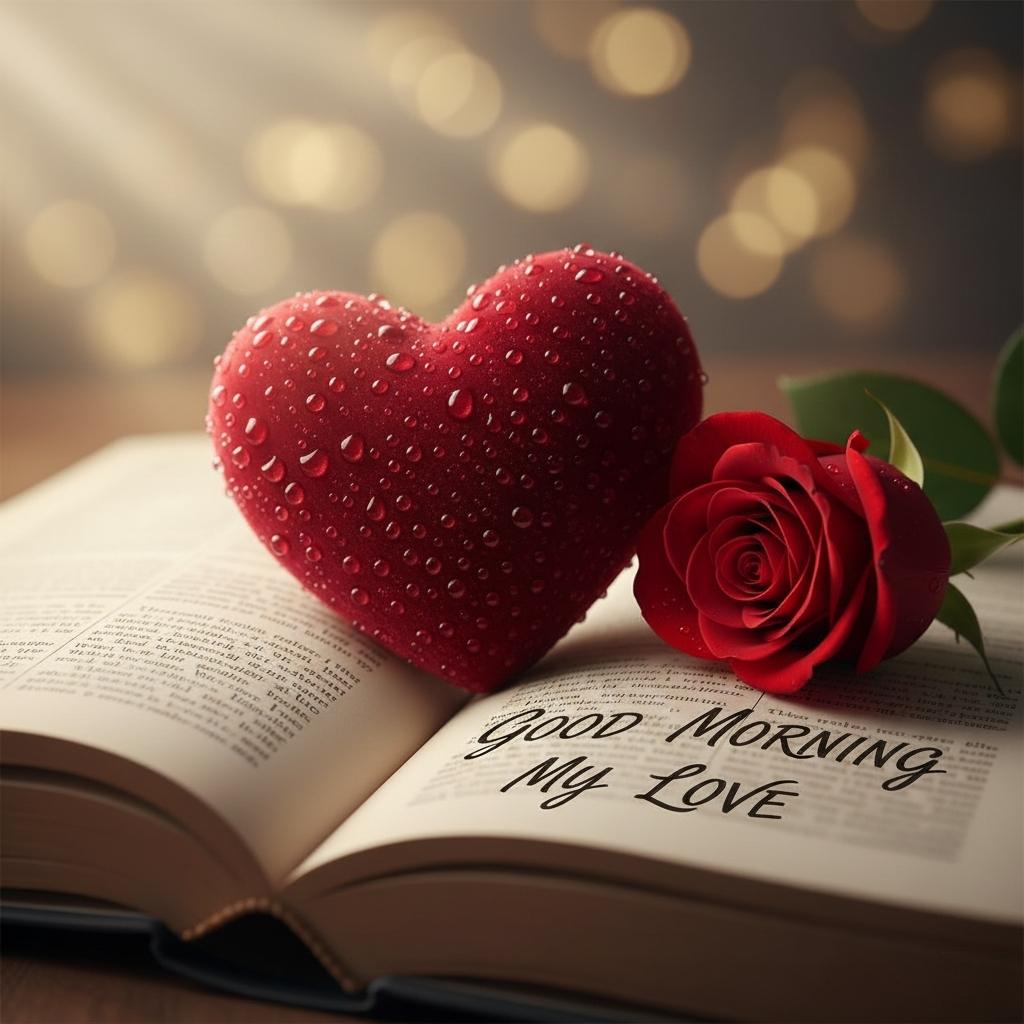 beautiful good morning love image  heart rose and book
