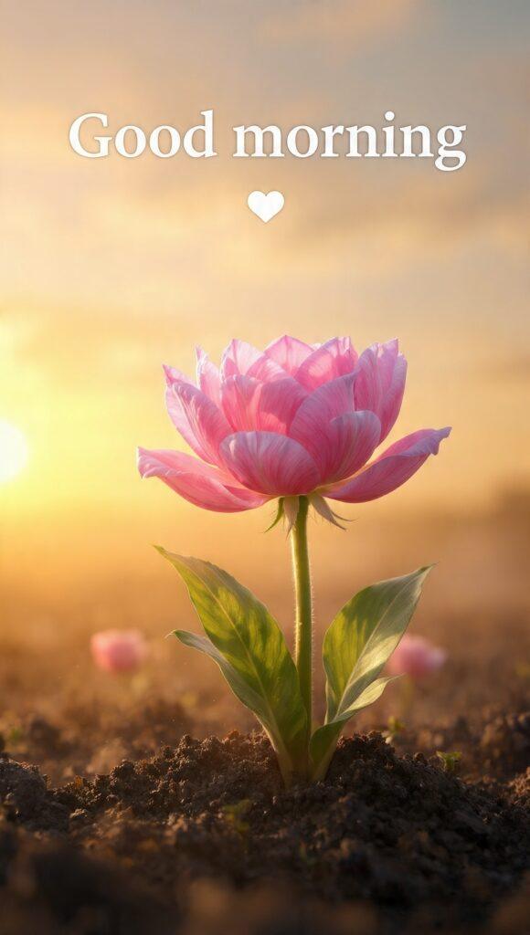 Good morning flower images featuring a pink flower blooming at sunrise