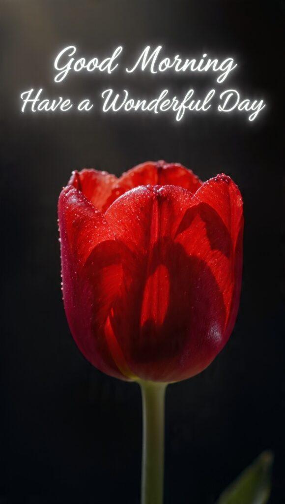 Good morning flower images featuring a beautiful red tulip with morning glow