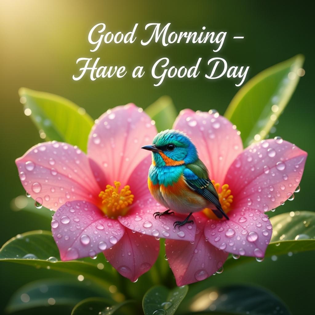 good morning with bird sitting above flower image