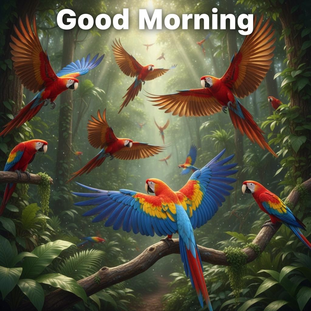 good morning with colourful parrots flying 