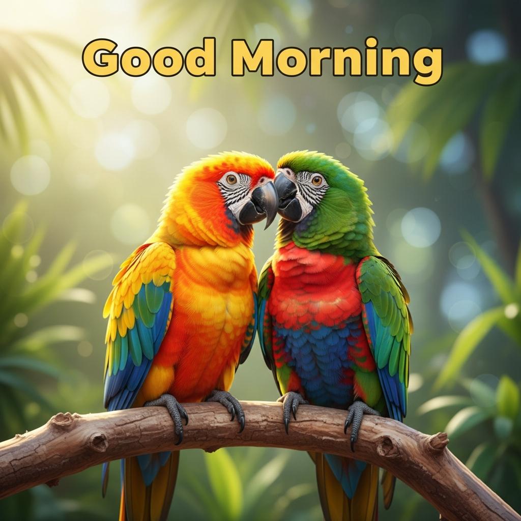 good morning with couple parrot sitting in tree