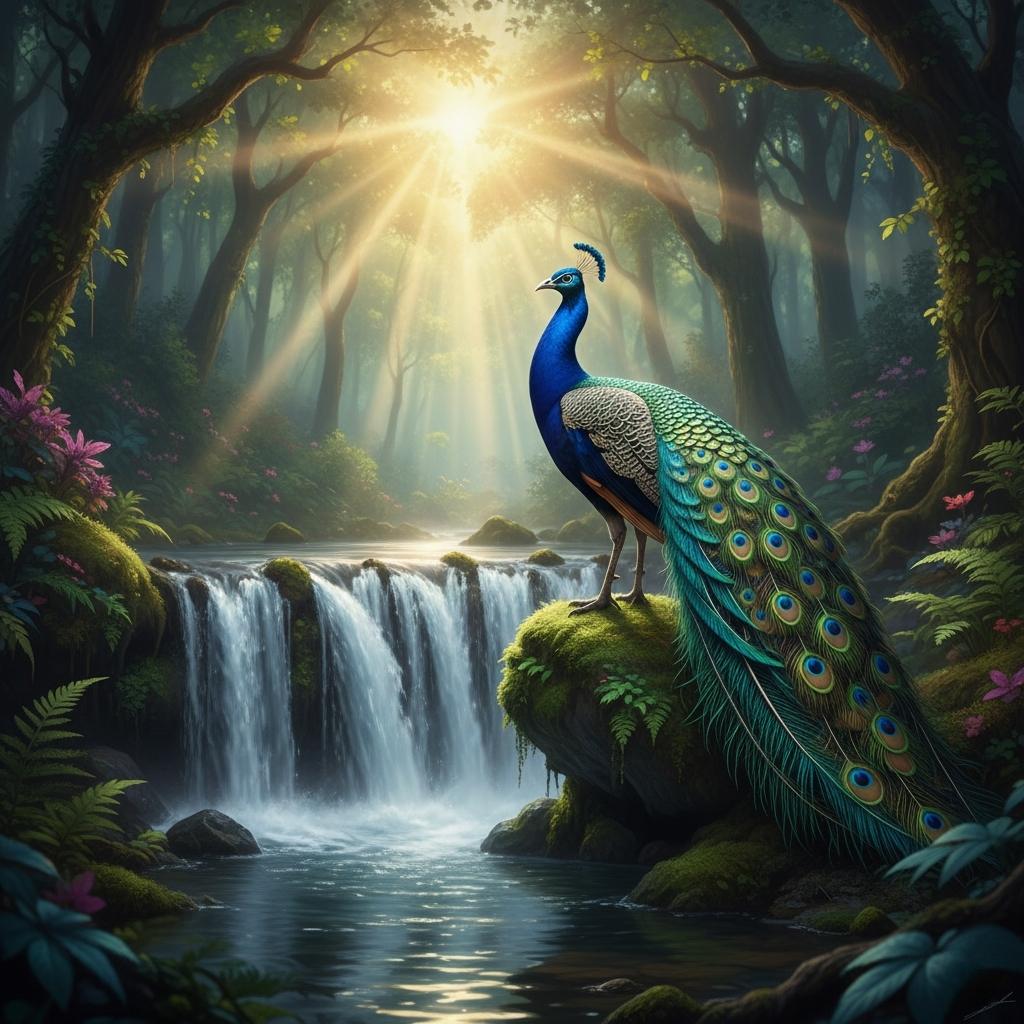 peecok standing in ddep forrest 