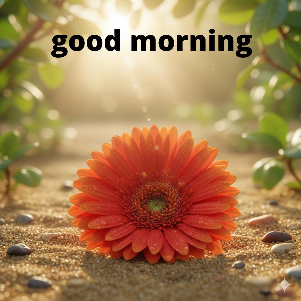 Good morning flower images featuring an orange gerbera daisy in soft sunlight