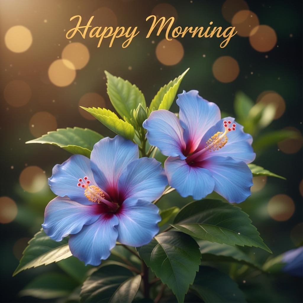 Good morning flower images featuring beautiful blue hibiscus flowers and natural greenery