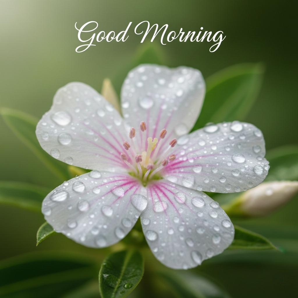 Good morning white flower with pink center and fresh water droplets on petals, soft green background