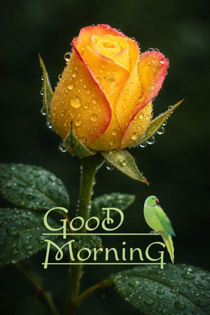 Good morning flower images featuring a yellow rose with morning dew and parrot