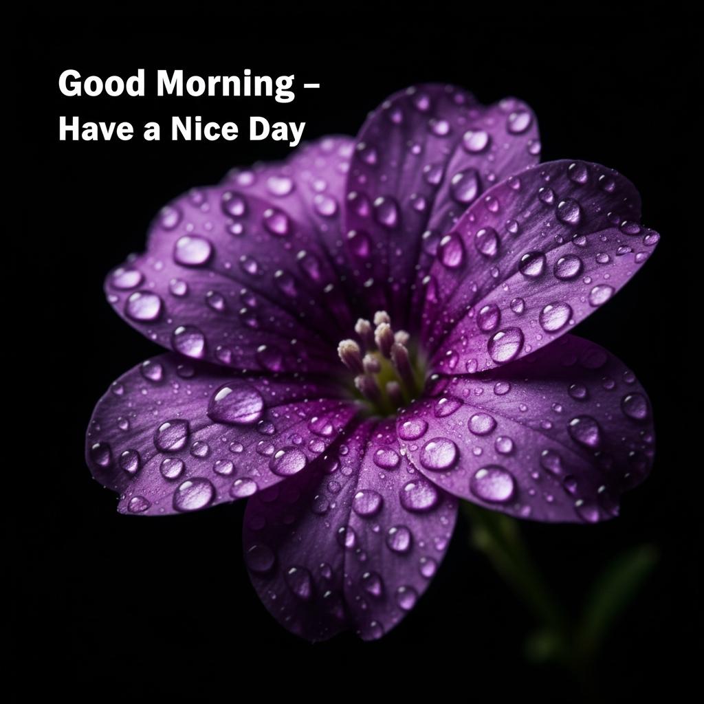 Good morning flower images with purple blossom and water droplets on black background
