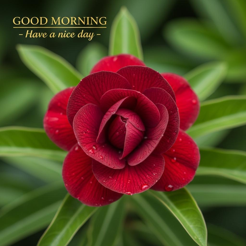 Good morning flower image with red blossom and morning greeting text