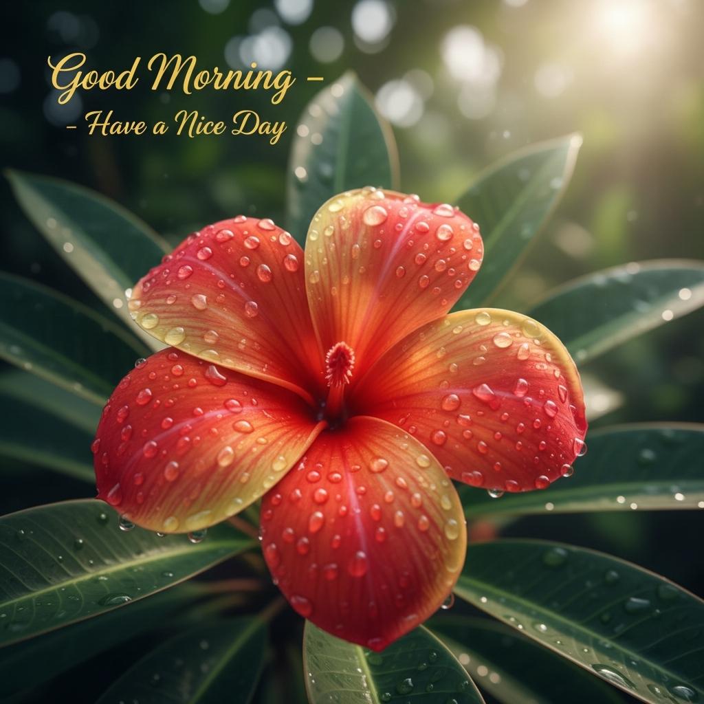 Good morning red flower image with water droplets and sunlight