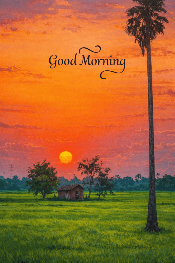 Fresh morning scene showing golden sunrise and good morning message