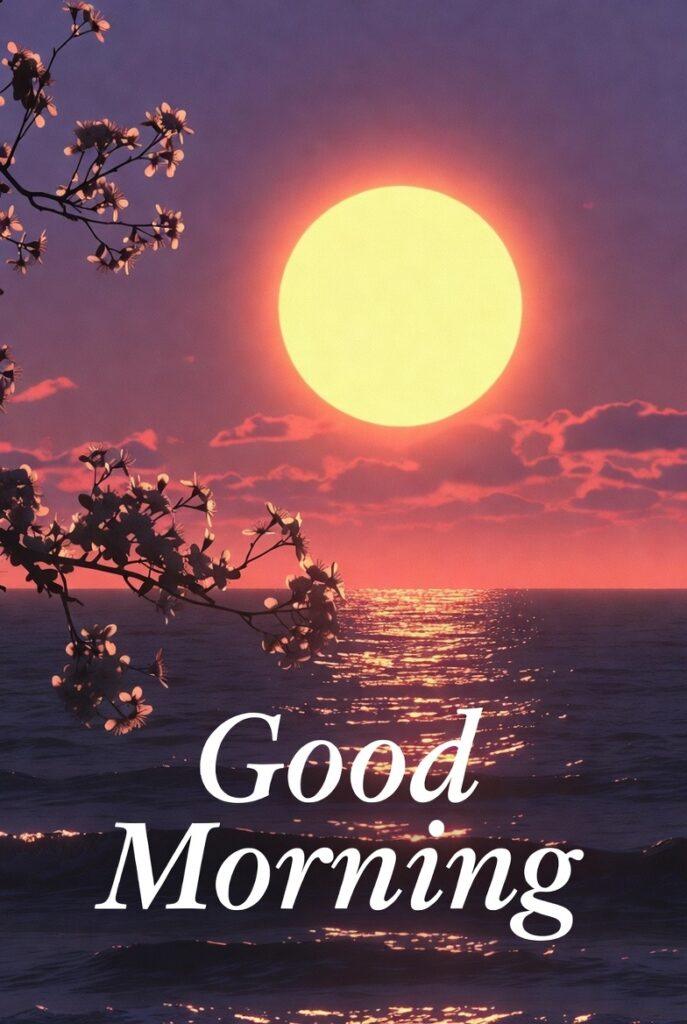 Beautiful golden sunrise with calm nature and morning greetings