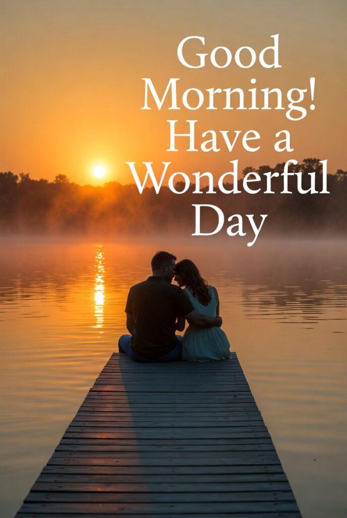romantic good morning images with couples sitting morning sunrise in lake