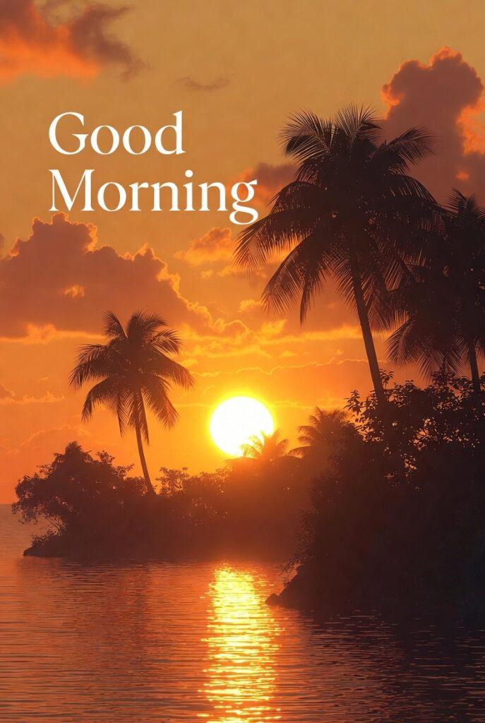 Golden sunrise good morning wishes with warm glowing sky