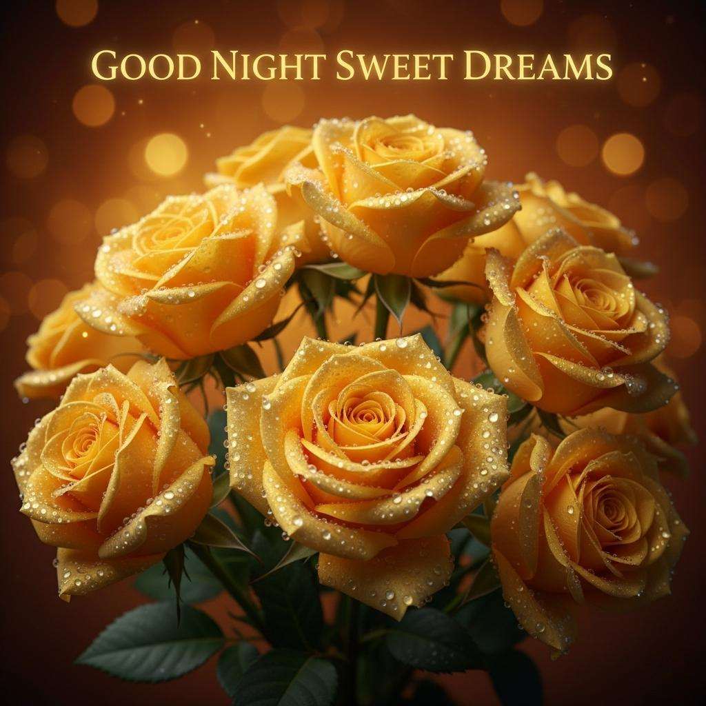 Luxury flower good night images with golden roses bouquet