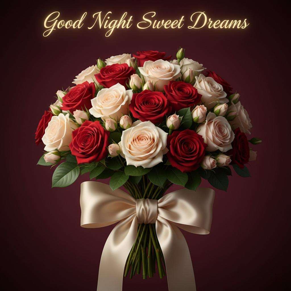 Elegant rose flower good night images with sweet dreams text