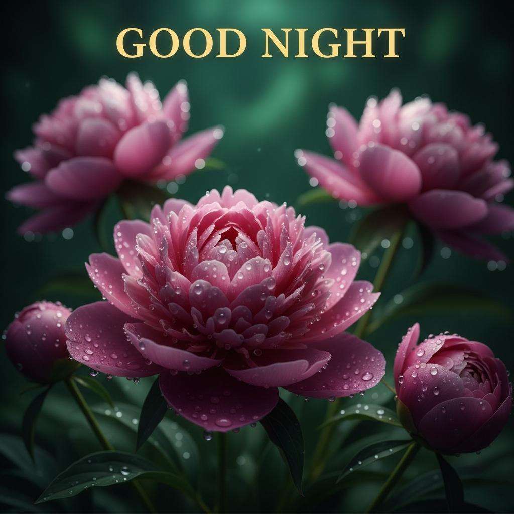 Pink peony flower good night images with dew drops