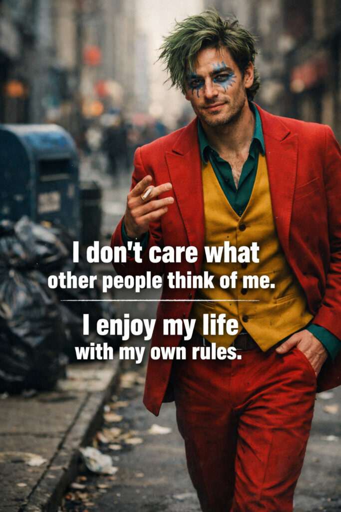 Motivational image of a confident man walking on a city street with the text “I don’t care what other people think of me. I enjoy my life with my own rules.”