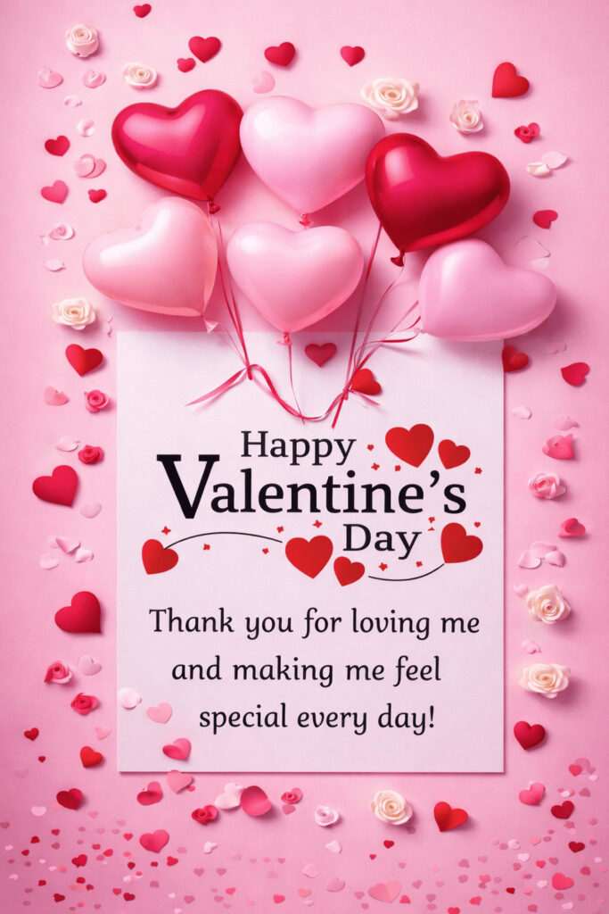 Happy Valentine’s Day thank you love message with heart balloons