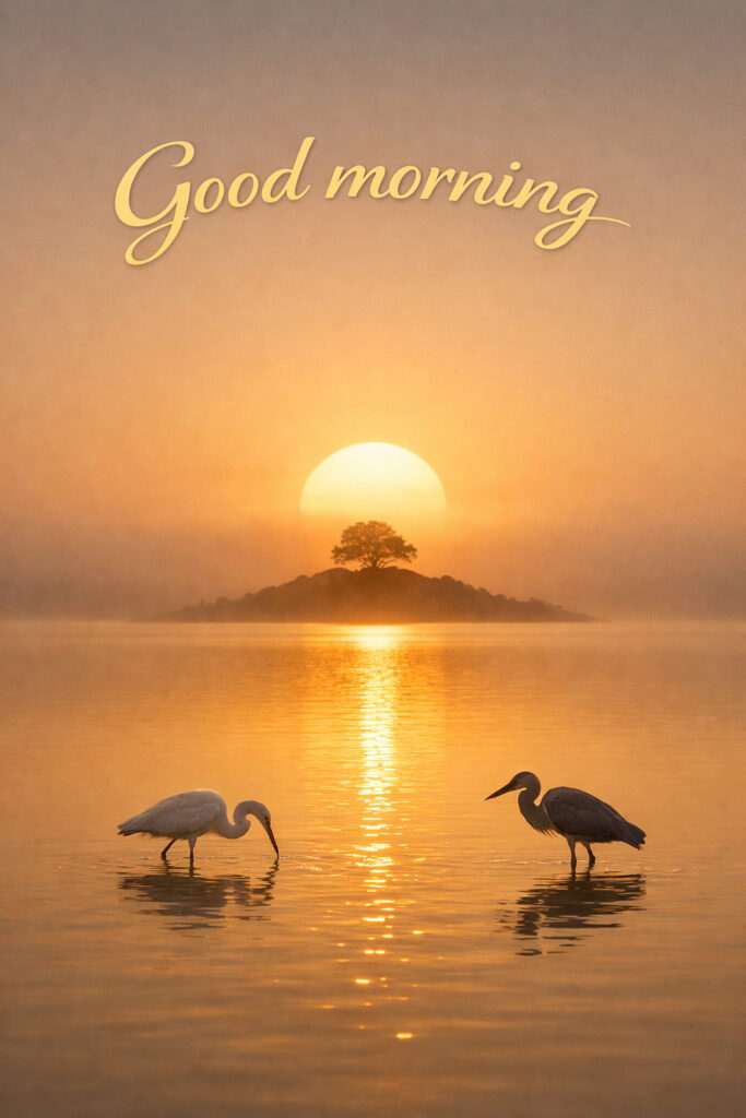 “Peaceful sunrise good morning image with golden sunlight reflecting on lake and birds fishing in water”