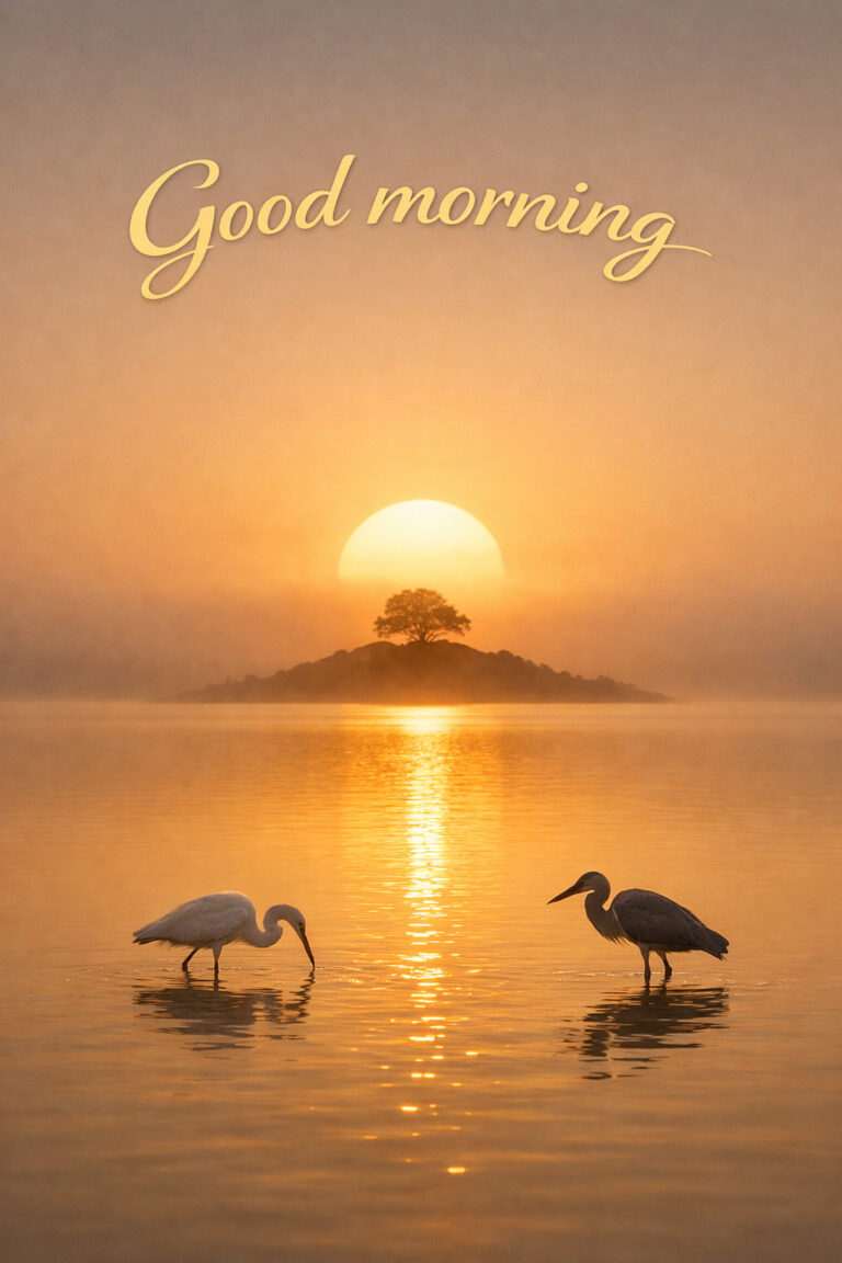 “Peaceful sunrise good morning image with golden sunlight reflecting on lake and birds fishing in water”