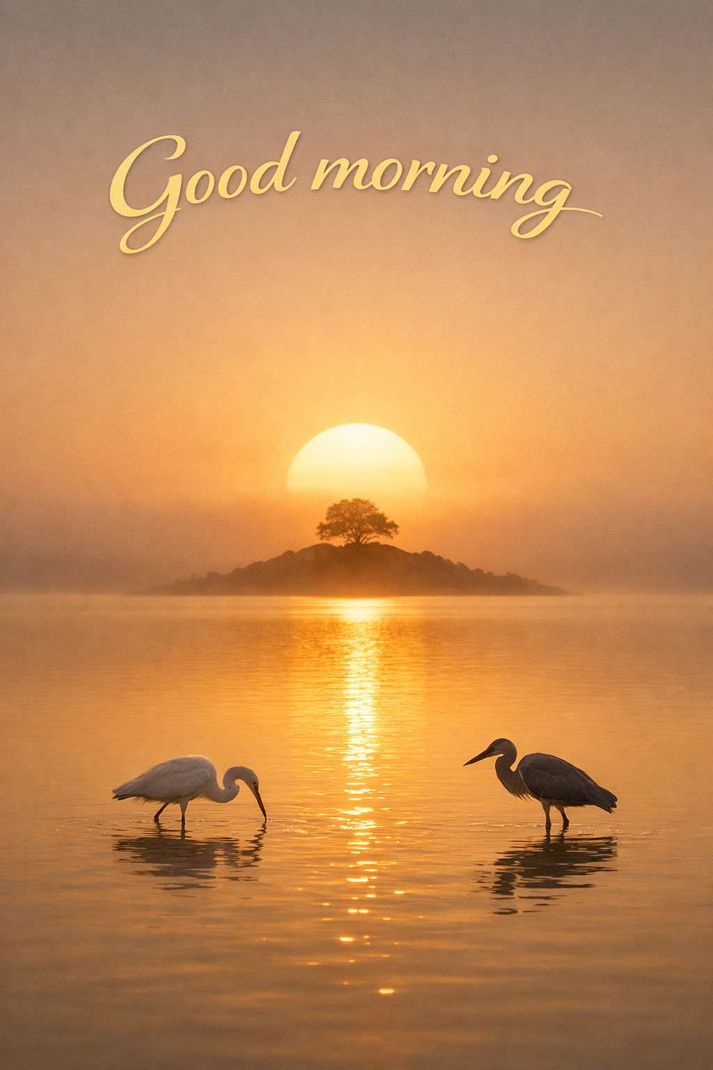 “Peaceful sunrise good morning image with golden sunlight reflecting on lake and birds fishing in water”