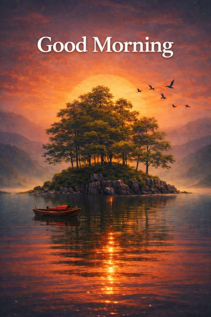 “Sunrise good morning image featuring a serene island, calm water, wooden boat, and warm golden sunrise”