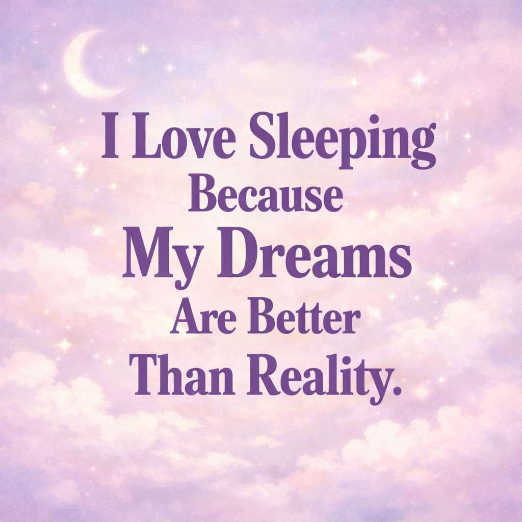 Soft pastel motivational quote image with clouds and a crescent moon displaying the text “I love sleeping because my dreams are better than reality.”
