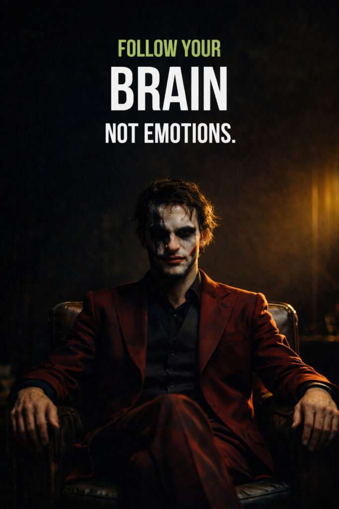 Dark motivational poster of a confident man in a red suit sitting in a chair with the text “Follow your brain, not emotions.”