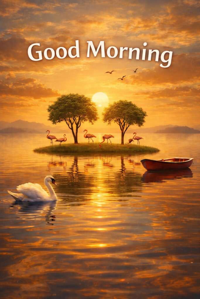 Beautiful sunrise good morning image showing golden sky reflection on water, swan, flamingos, trees, and calm nature view.