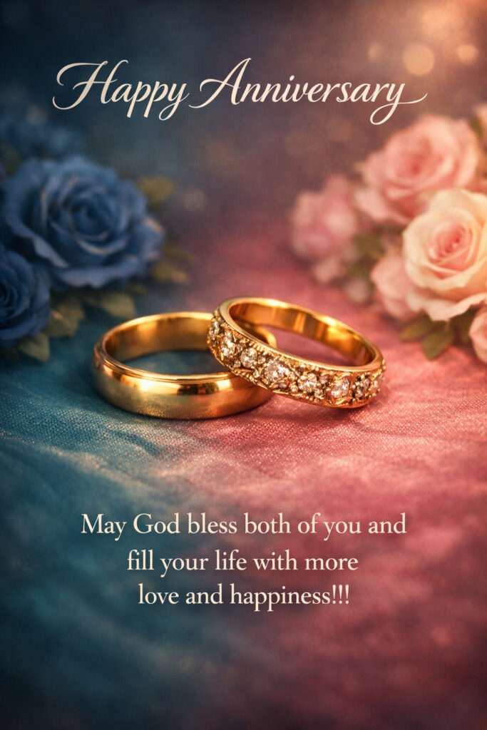 Elegant wedding anniversary card featuring two gold rings—one plain and one diamond-studded—resting on a soft teal and pink fabric background, with blurred blue and pink roses, warm glowing lights, and the text “Happy Anniversary” and “May God bless both of you and fill your life with more love and happiness!!!”
