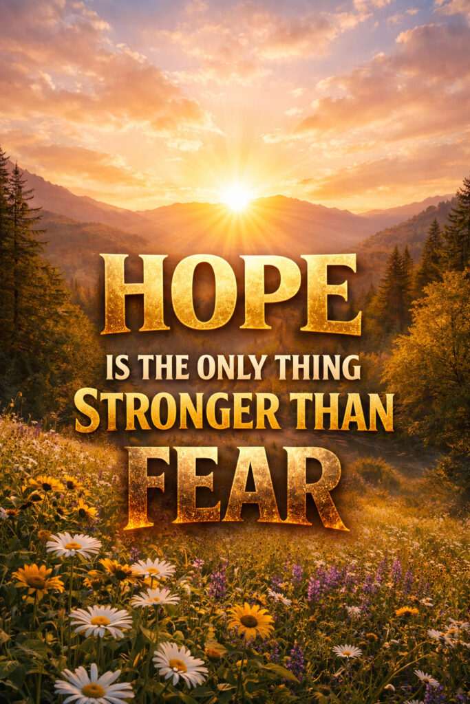 Sunrise over mountains with golden text “Hope is stronger than fear”