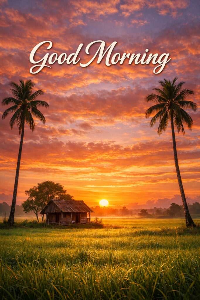 “Sunrise good morning image with glowing orange sun over green fields, rustic wooden hut, coconut trees, and peaceful rural morning landscape.”