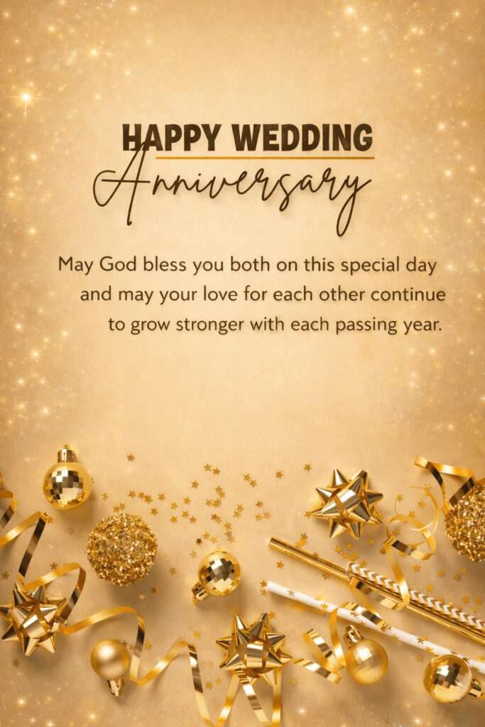 Happy Wedding Anniversary golden greeting card with blessings and sparkling festive background