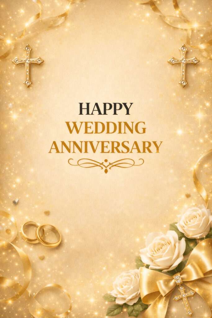 Happy Wedding Anniversary Christian blessing card with cross rings and golden theme