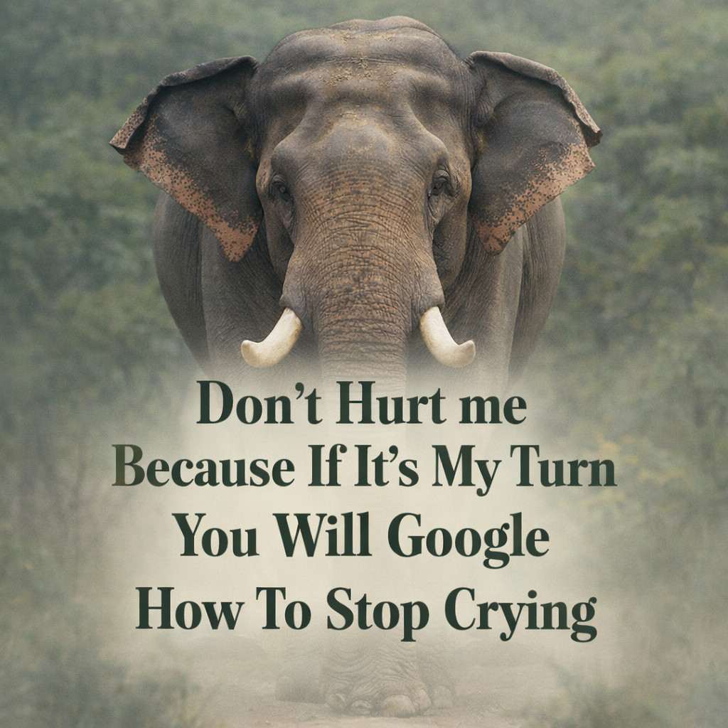 Motivational image of a powerful elephant standing confidently with the text “Don’t hurt me because if it’s my turn you will google how to stop crying.”