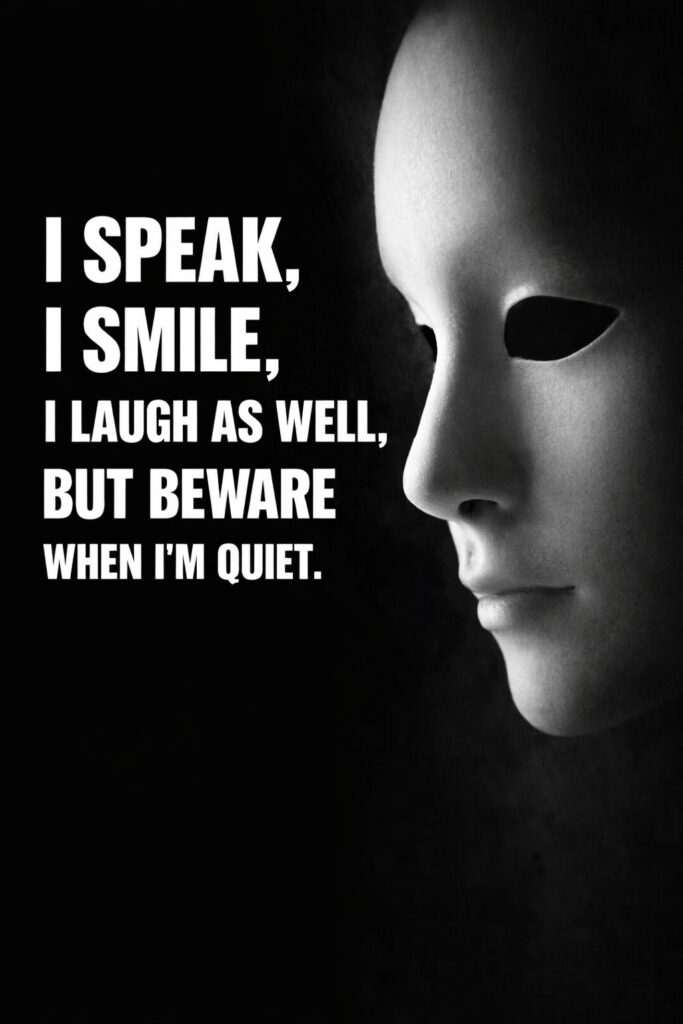 Dark motivational poster showing a white mask face in shadow with the text “I speak, I smile, I laugh as well, but beware when I’m quiet.”