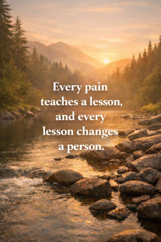 Peaceful river valley at sunrise with inspirational life lesson quote