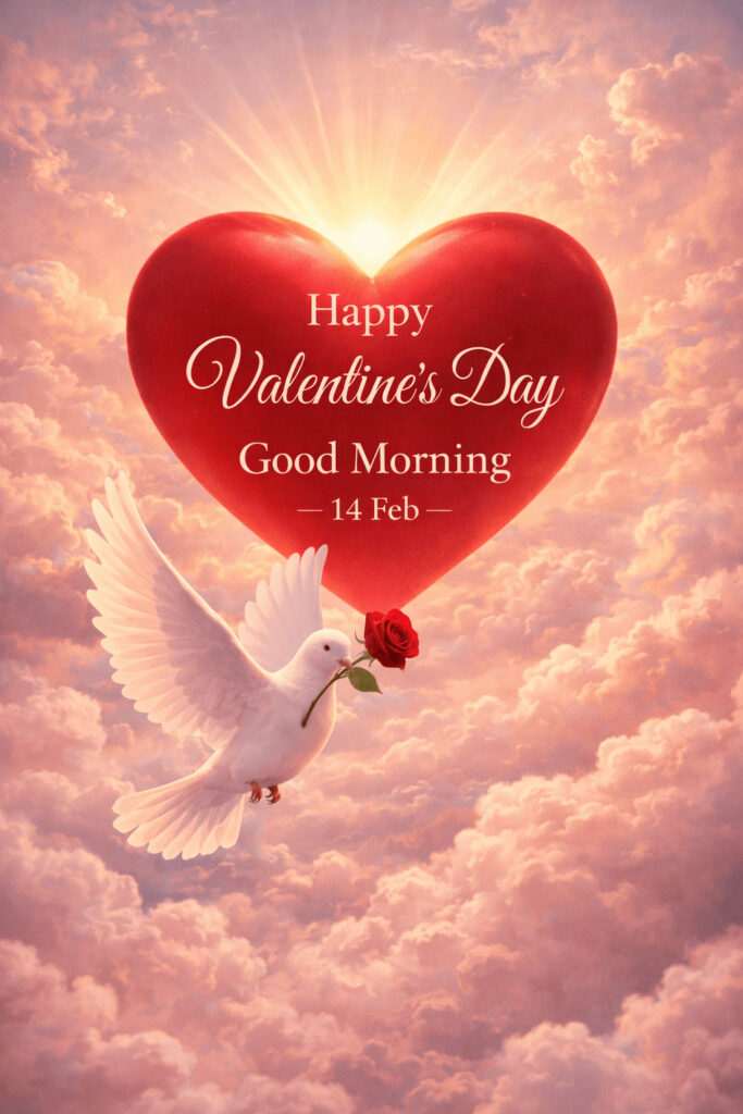Happy Valentine’s Day good morning romantic sunrise heart image