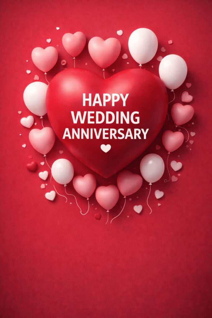 Happy Wedding Anniversary red heart balloon design romantic celebration background