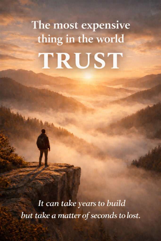 Man standing on cliff above clouds with trust and life lesson quote