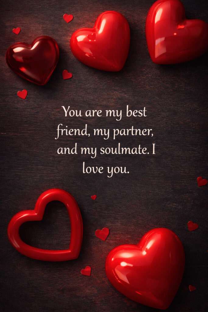 Romantic Valentine love quote with glossy red hearts on dark background