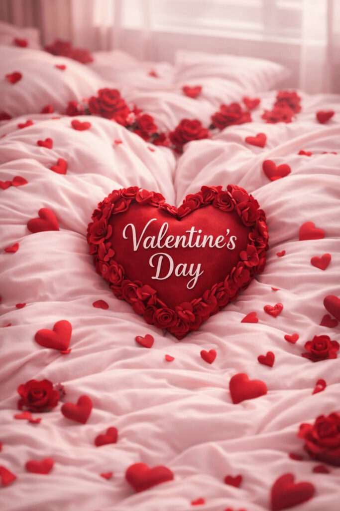valantine day red heart on romantic bed