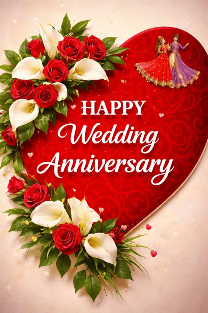 Happy Wedding Anniversary romantic heart with red roses traditional couple artwork