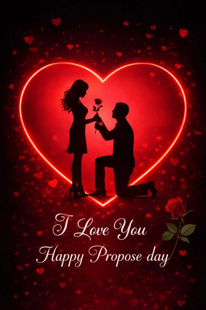 Happy Propose Day romantic couple silhouette with glowing heart