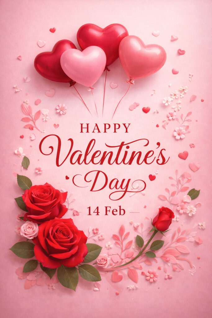 Happy Valentine’s Day floral greeting card with roses and heart balloons -AI generated image