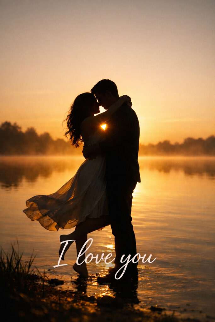 Romantic Happy Valentine’s Day image with couple kissing at golden sunset