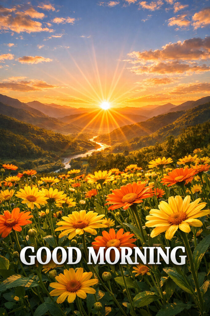 Beautiful sunrise good morning image with golden sun rays over green mountains, blooming yellow and orange flowers in the foreground, peaceful river valley landscape with “Good Morning” text.