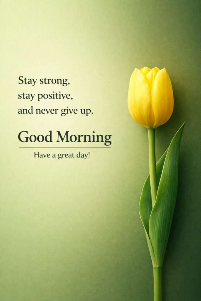 Motivational good morning quotes with images featuring a minimalist green gradient background and a vibrant yellow tulip flower with inspirational message “Stay strong, stay positive, and never give up” and Good Morning greeting card design.