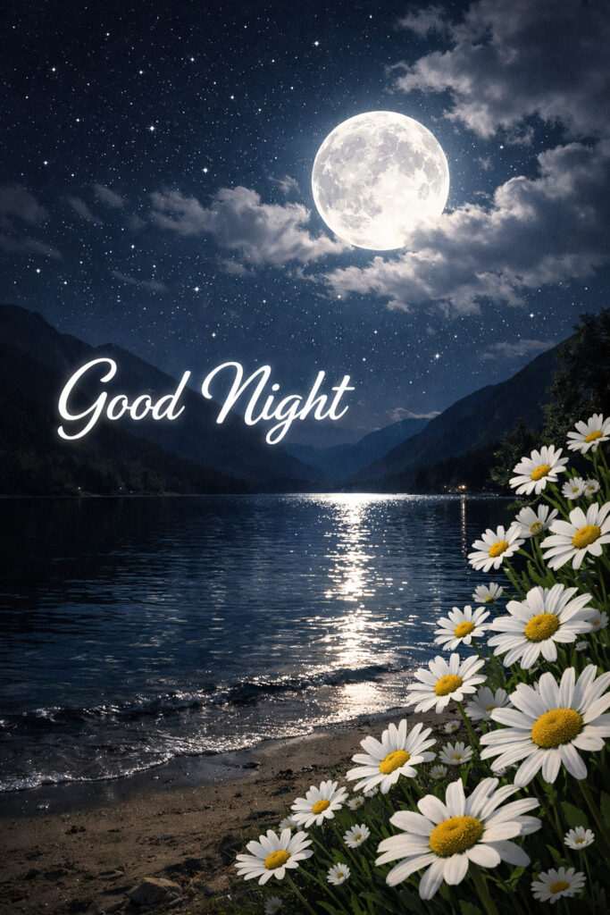 Cute good night image with bright full moon, calm lake, mountains and white flowers